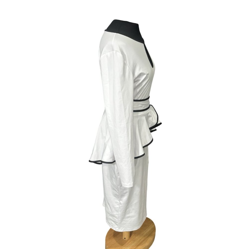 White Long-Sleeve Peplum Midi Dress With Black Trim & Keyhole Neckline - Picture 2 of 9
